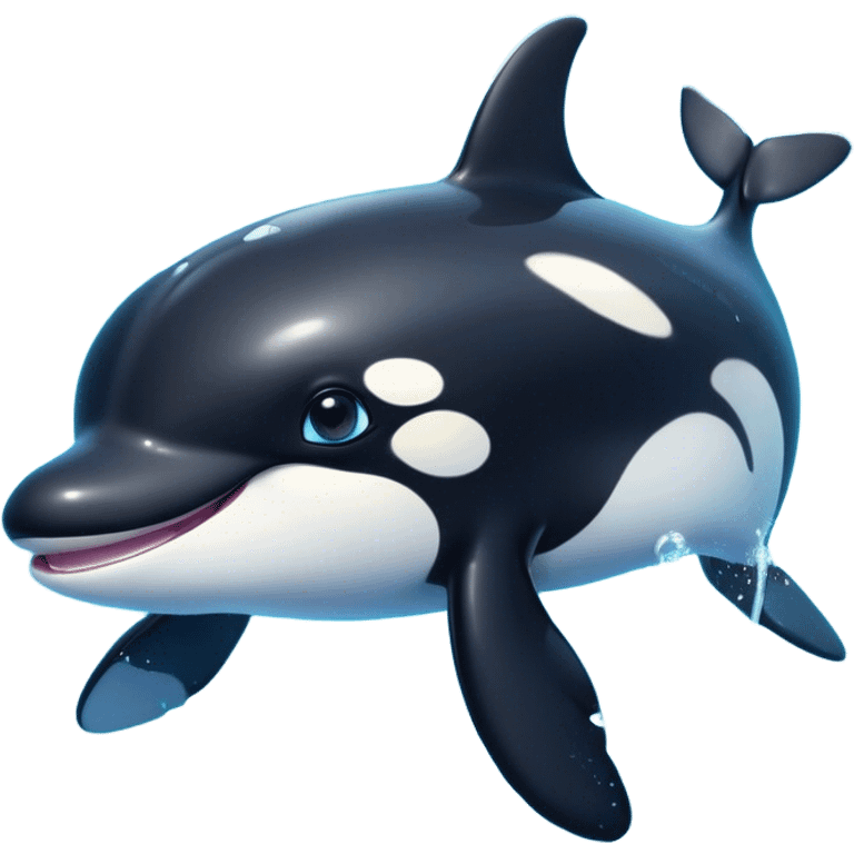 Cinematic Cute orca Portrait Emoji, Head tilted playfully and inquisitively, featuring a smoothly rounded body with bright, sparkling eyes and an adorable, friendly smile, Simplified yet irresistibly adorable features, highly detailed, glowing with a warm, ocean-blue glow, high shine, affectionate and lively, stylized with a touch of whimsical aquatic charm, soft glowing outline, capturing the essence of a mischievous yet endearing orca that seems as if it could leap right into your heart! emoji