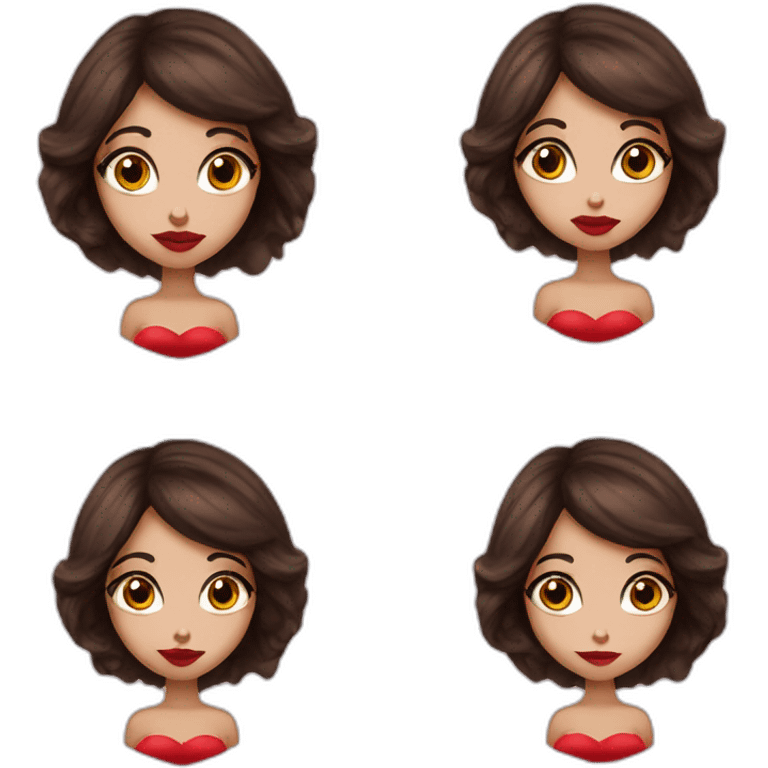 Big eyes dark brown hair red lips long eyelashes woman eating chocolate emoji