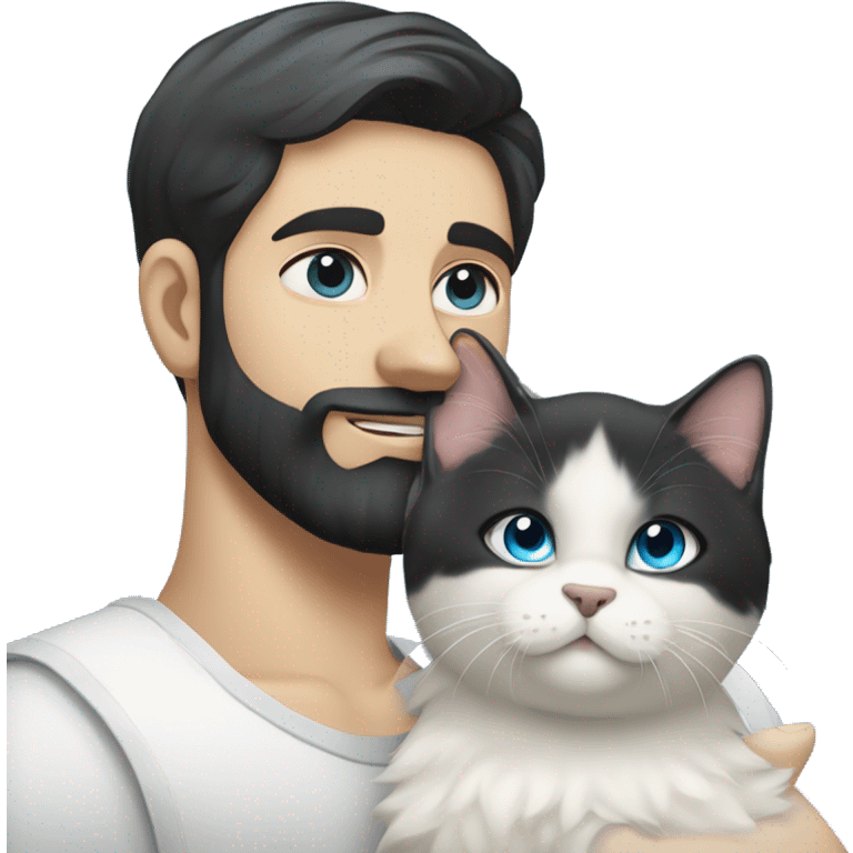 A guy with a black earing and black short hair and black beard and holding a all white Siberian cat with blue eyes  emoji