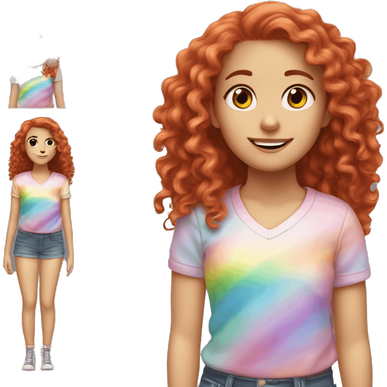 white girl with long red curly hair, wearing a pastel rainbow shirt doing a pose emoji