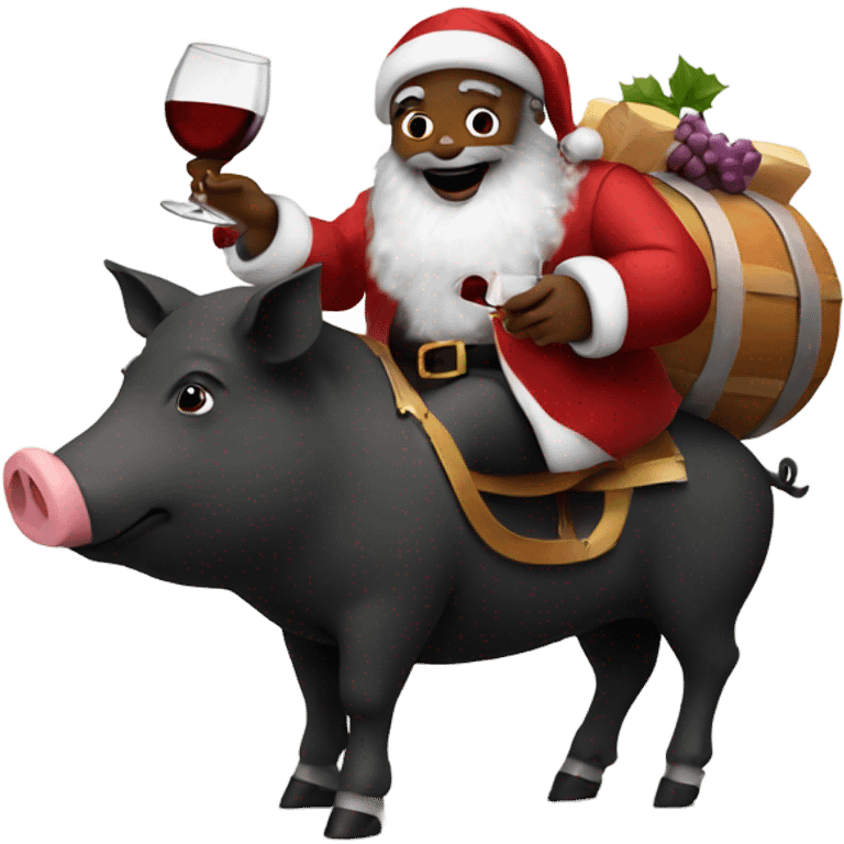 Black Santa riding a pig drinking wine  emoji