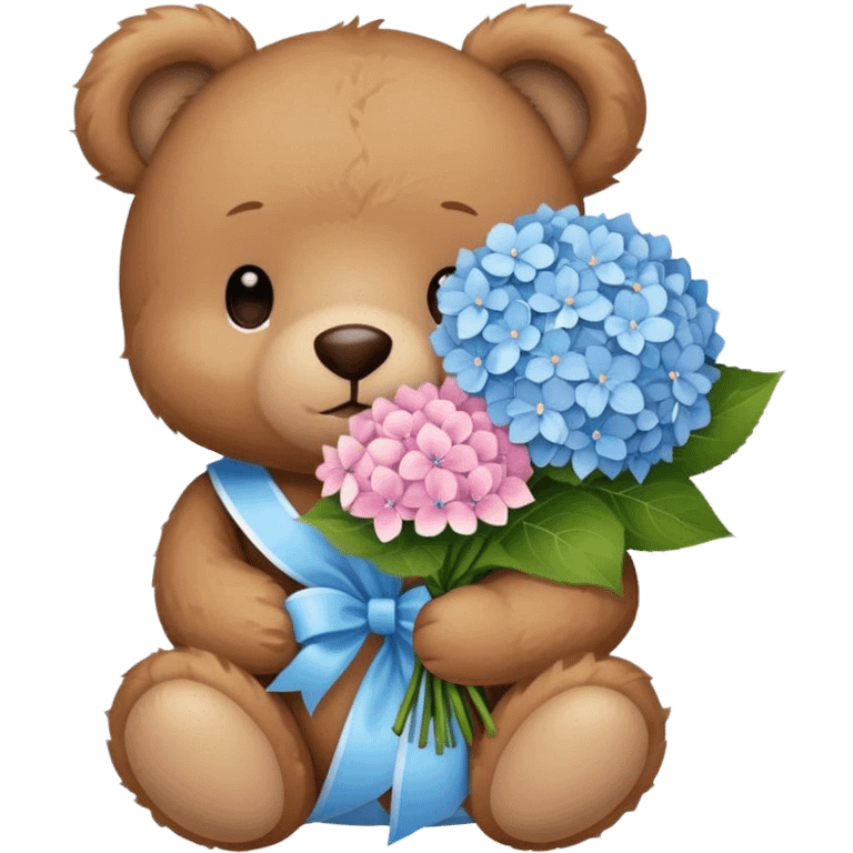 light brown teddy bear super cute holding a light pink and light blue bouquet of hydrangeas emoji