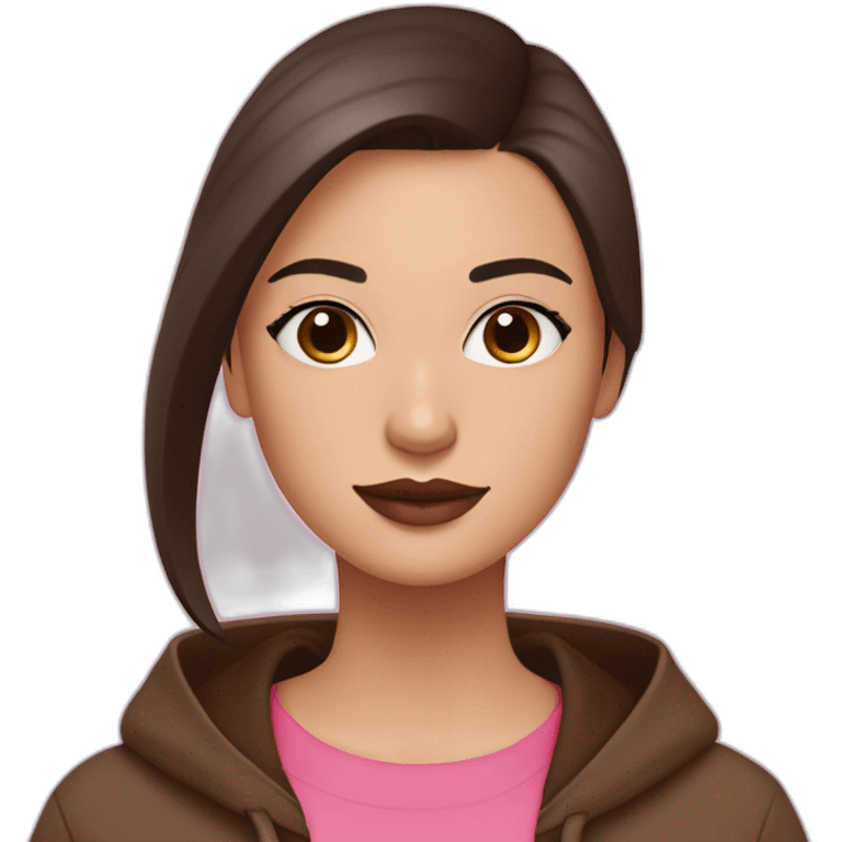 White women with long dark brown hair and long eyelashes dark brown eyes and pink cheeks with pink lips and thick dark brown eyebrows wearing a brown hoody emoji