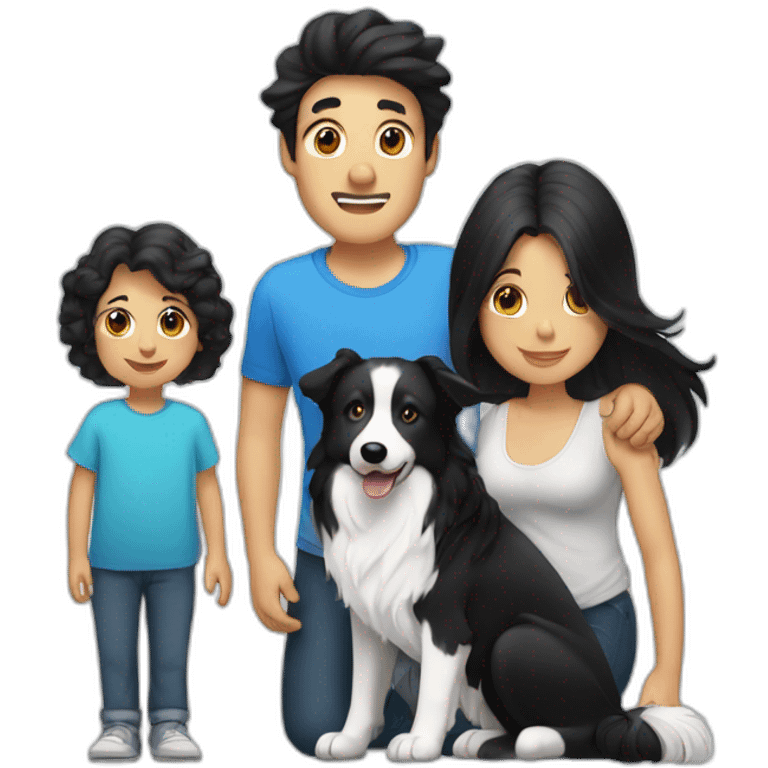 Family formed by a White man and a White woman with long black hair and a baby and a small black border collie dog emoji