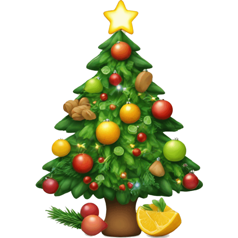 Christmas tree with healthy food on it and lights emoji