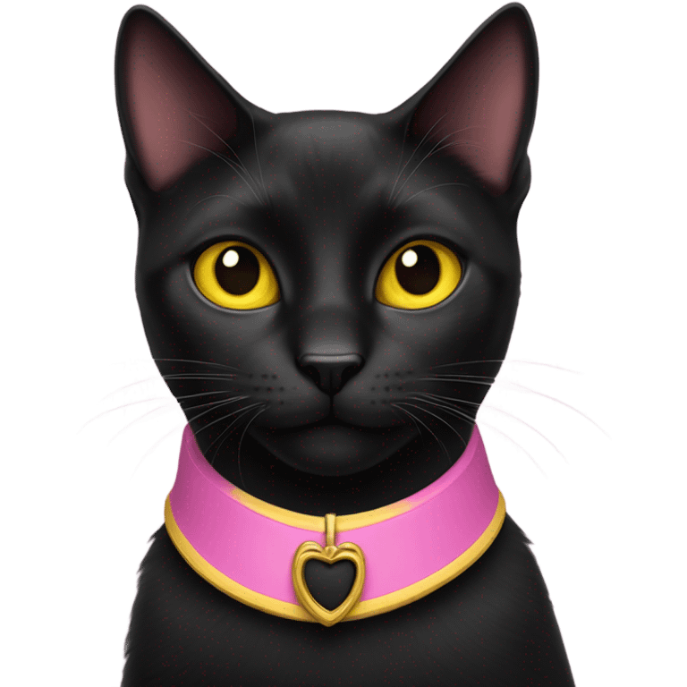 A black cat with a pink collar and yellow eyes, the cat name is Nala emoji