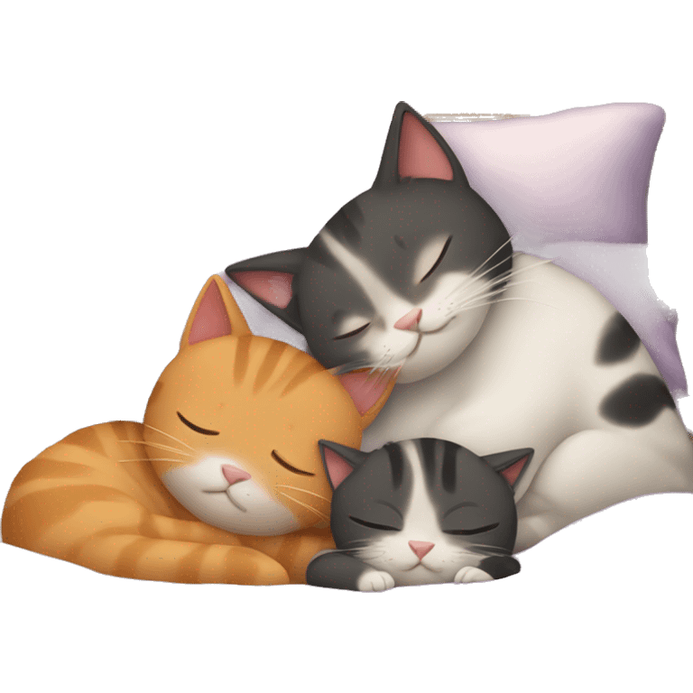 Three cats sleeping in bed with mom emoji