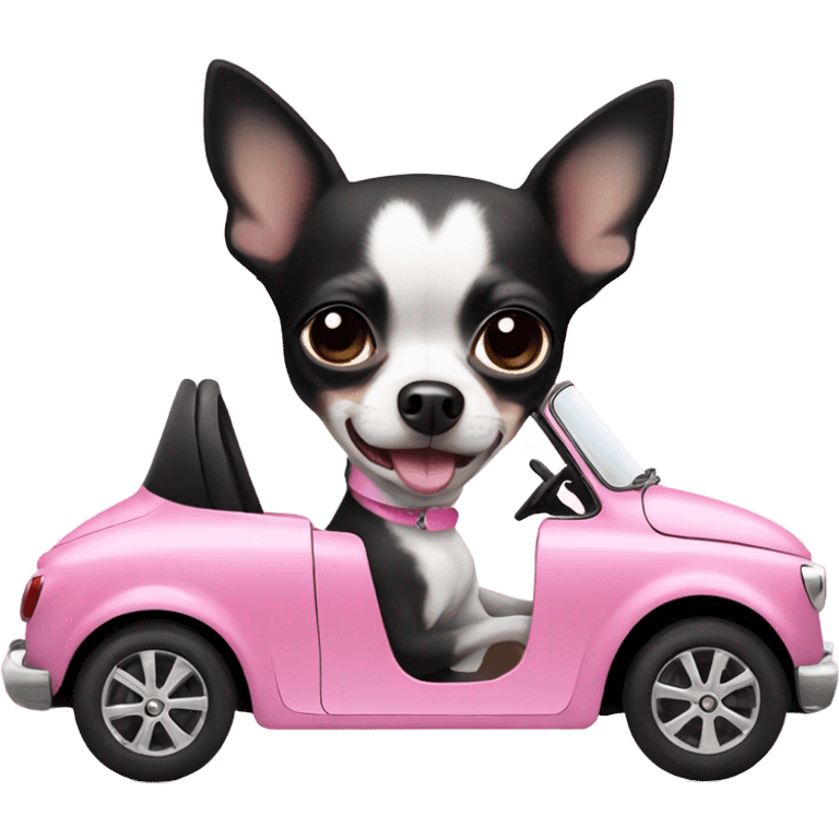 Black and white Chihuahua driving pink Fiat emoji