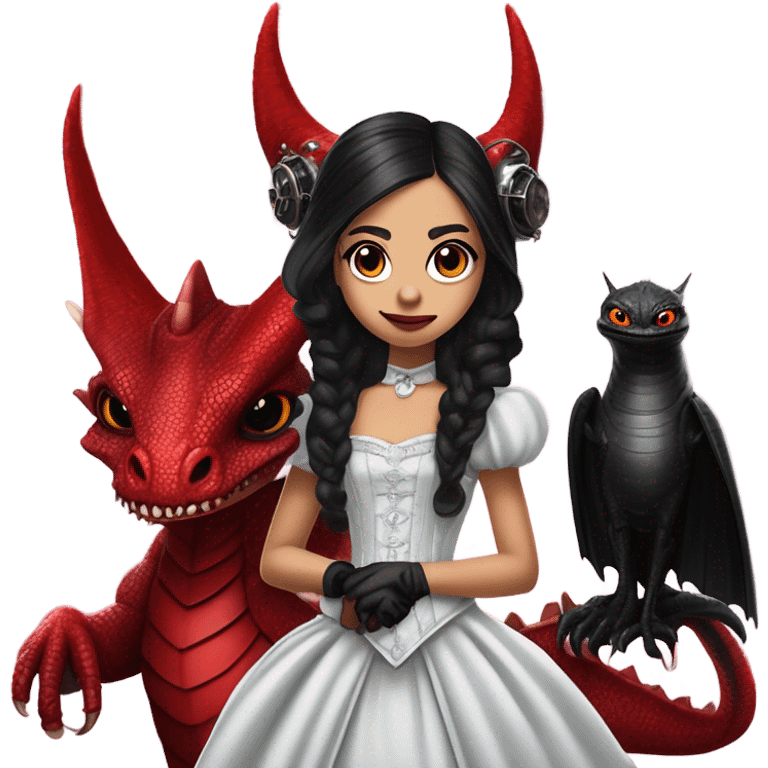 surprised Lavish Victorian evening gown with gloves, Jenna Ortega as Addams girl Jedi wearing a steampunk mini tiara, very large blood red evil-looking horned dragon emoji