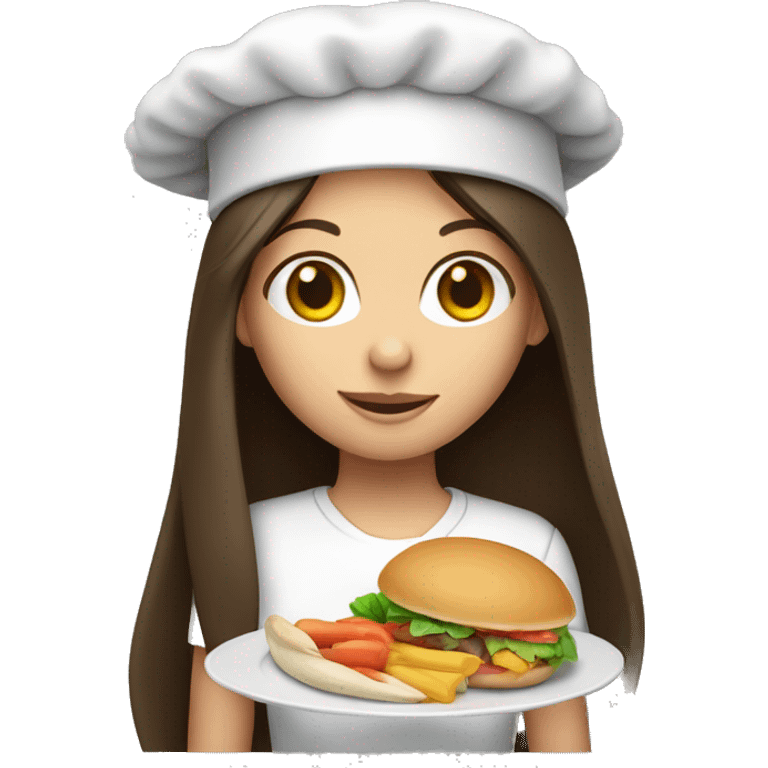 Brunette long straight hair girl holding food plate in a cook hat emoji