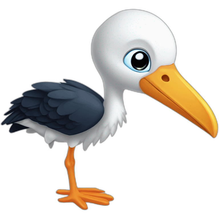  A stork is carrying a blue bundle of cloth in its beak that has a cute white skinned baby face peeking out from it with black head emoji