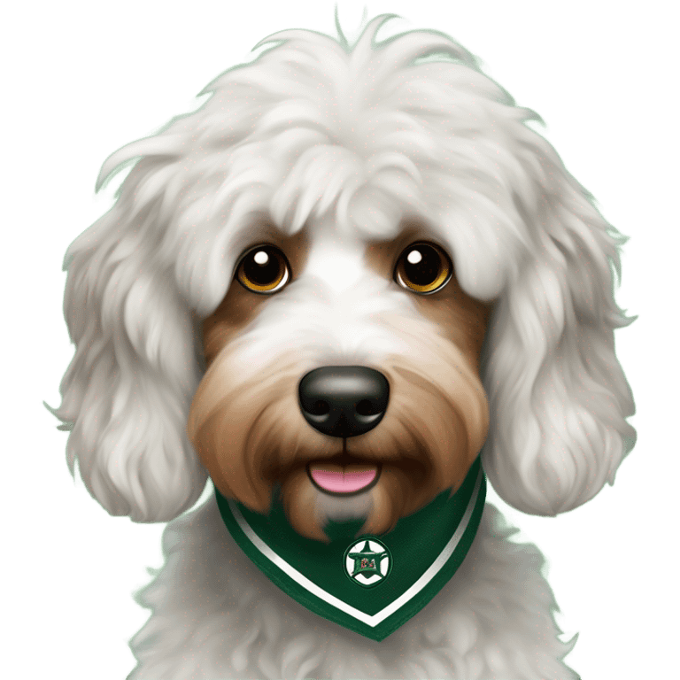 Multicolored Aussiedoodle wearing a bandana with the NHL Dallas Stars hockey team logo emoji