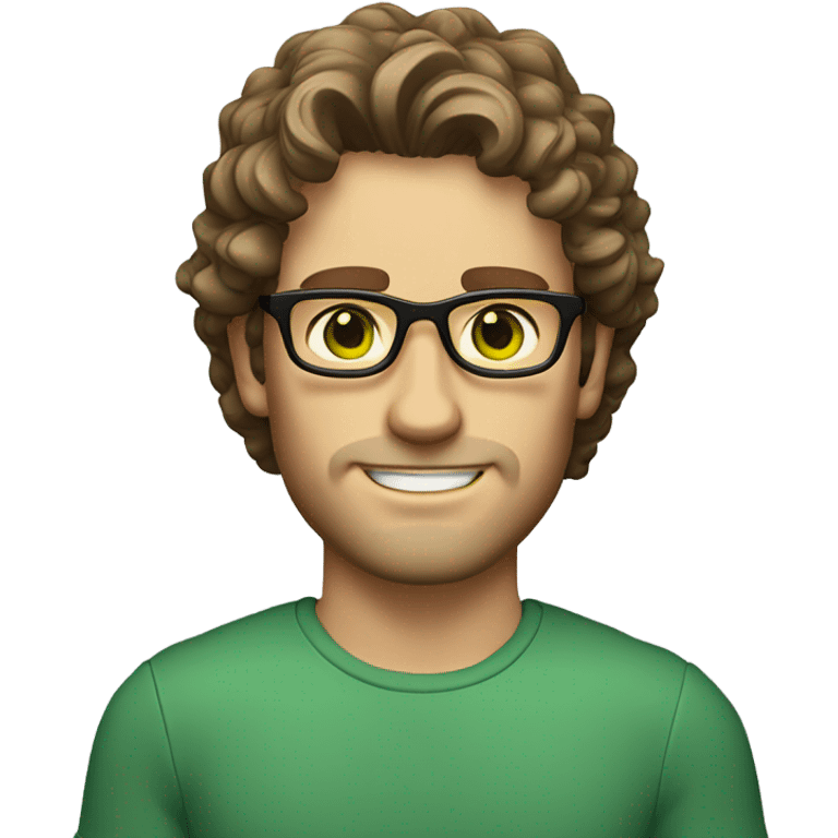 Caucasian male, shoulder length curly brown hair, green eyes, brown glasses, stubble emoji