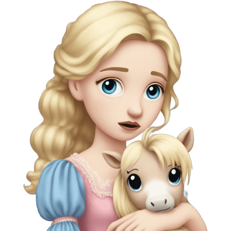 Blonde, pale skin, blue eyes girl wearing a pink dress cuddling her pony stuffed animal. She is from the Victorian era. She is sad and has tears in her eyes emoji