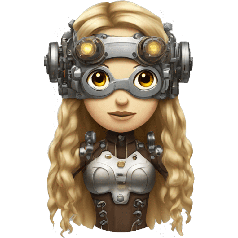 Brown long hair with blonde steaks female cyborg head, fair skin, steampunk goggles and circuits emoji