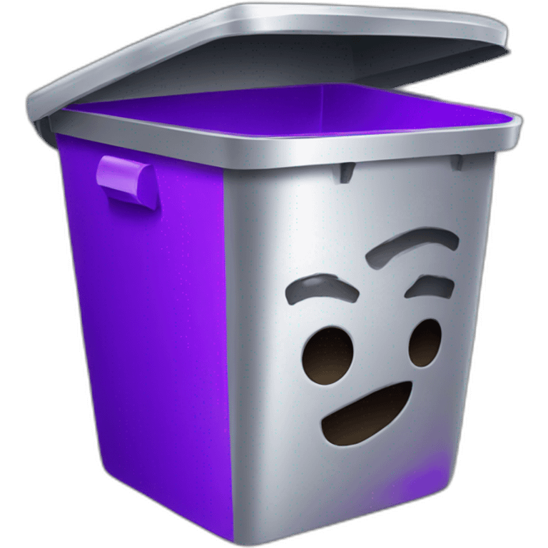 a silver trash bin with a smiley face with purple brain instead of lid emoji