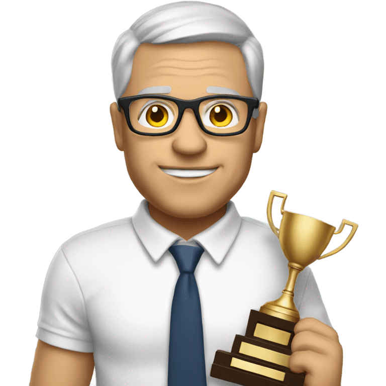 White Football coach wearing glasses holding a trophy emoji