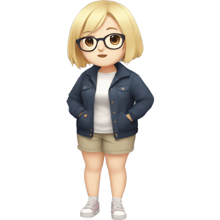 Chubby anime girl with glasses and short blonde hair, full body wearing cute clothes emoji