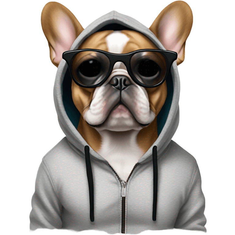 French bulldog wearing a hoodie with sunglasses emoji