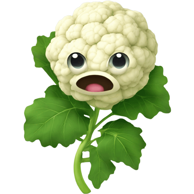 Cauliflower with cute big eyes holding a mirror, surrounded by leaves. emoji