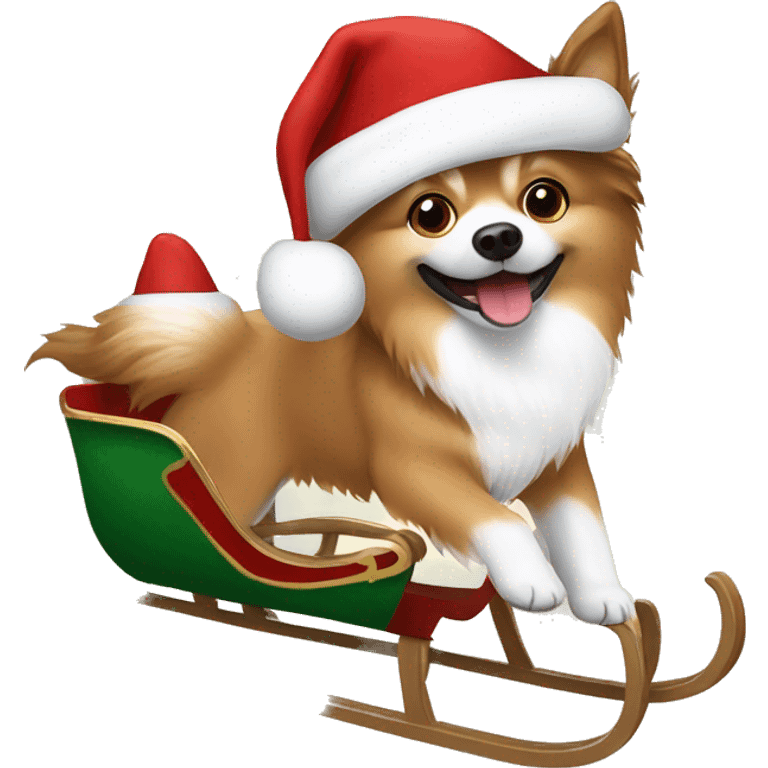 Brown and white German spitz riding on a sleigh wearing a Santa hat emoji