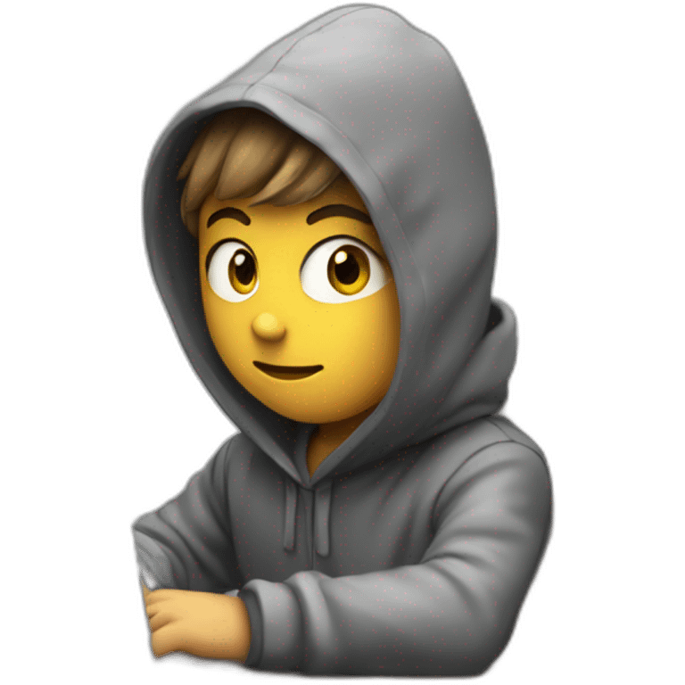 Young boy with a hood behind his computer and focus on his code  emoji