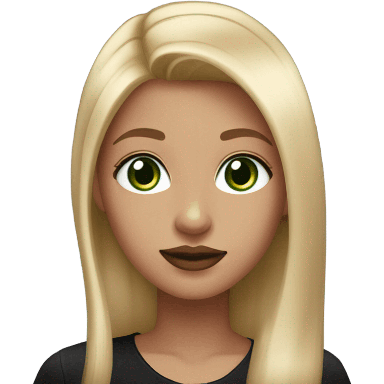 Long straight blonde haired girl, wearing black satin shirt, light tan glowy skin, green eyes and rosy cheeks with light mauve lipstick emoji