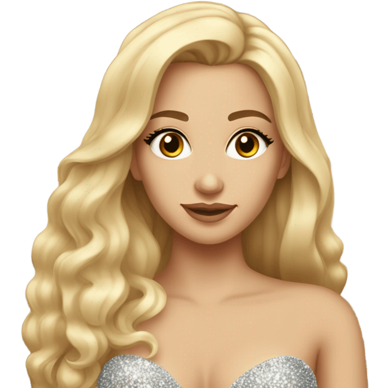 Gorgeous blonde woman, brown eyes, long hair, wearing a sparkly gown; full body view emoji