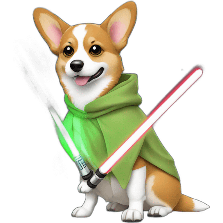 Corgi dress as yoda with one light saber green emoji