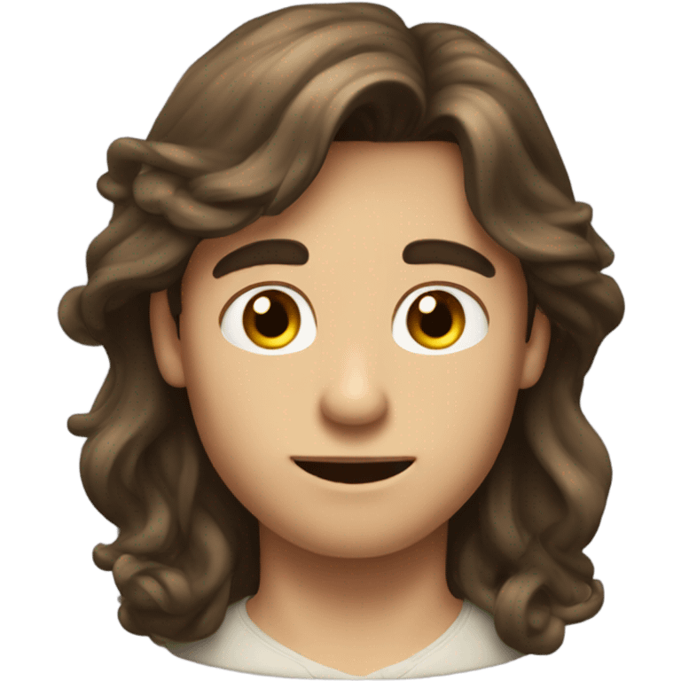 a brunette boy with long hair like repunzel with a fat nose emoji