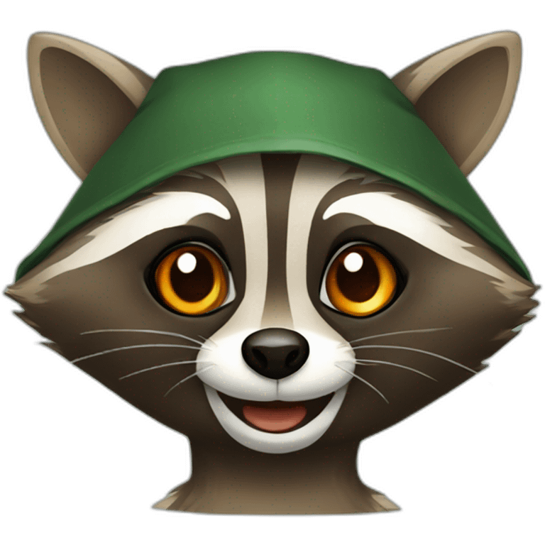 brown raccoon with orange eyes and a dark green hood that is laughing emoji