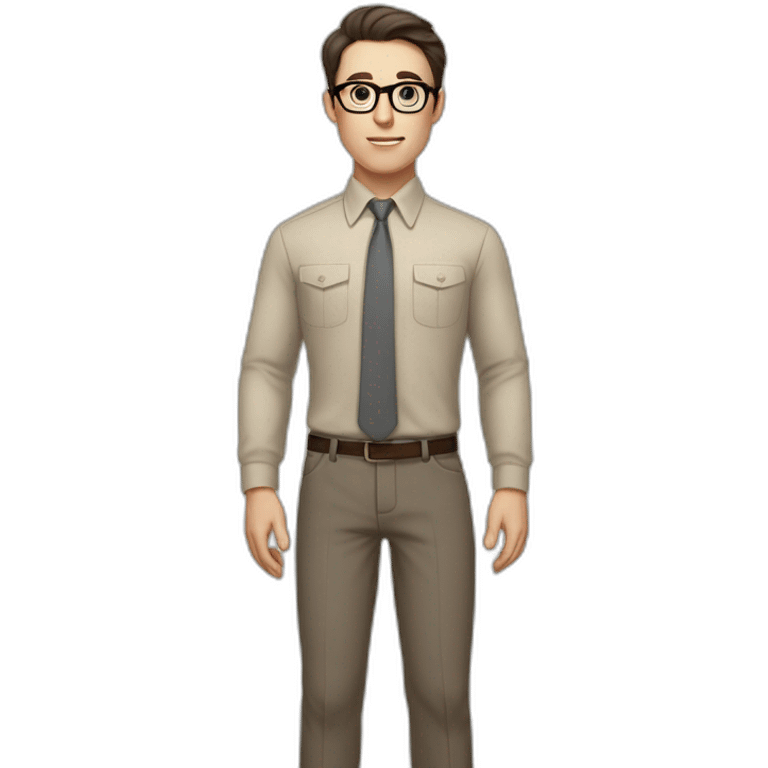 Full height Pale skinned fit man with dark brown hair in gray jacket, beige office shirt, brown tie, brown pants and vintage glasses. His right hand stretched out emoji