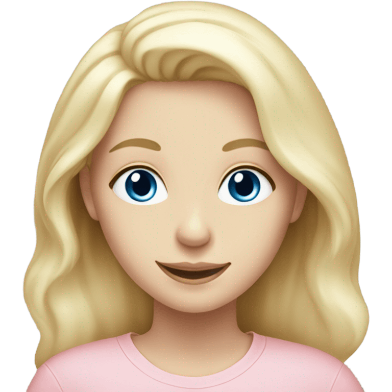 Pale blonde girl with blue eyes and pastel pink top, smiling emoji