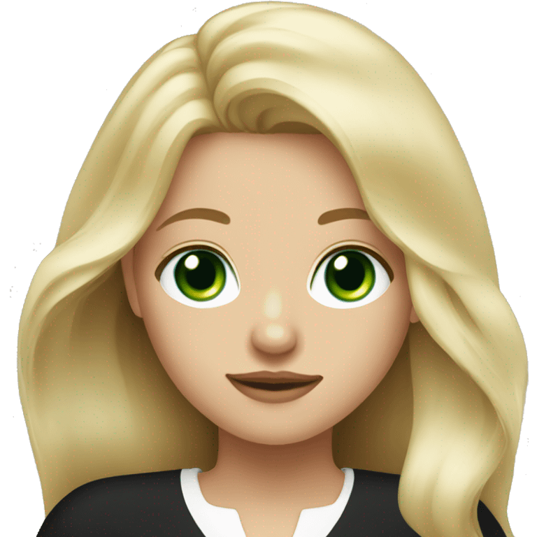 Blonde girl with long hair, with green eyes in a black dress with a white neckline emoji