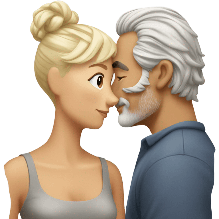 Handsome greying man manbun kissing blond athletic woman with pixie cut emoji