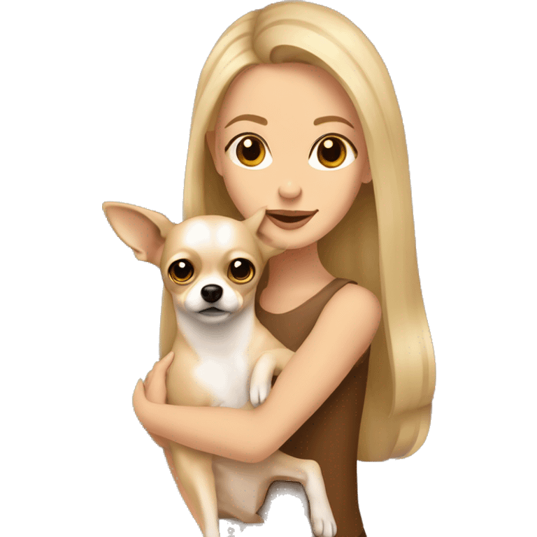 long dirty blonde hair, brown eyes, caucasian lady hugging tan chihuahua emoji