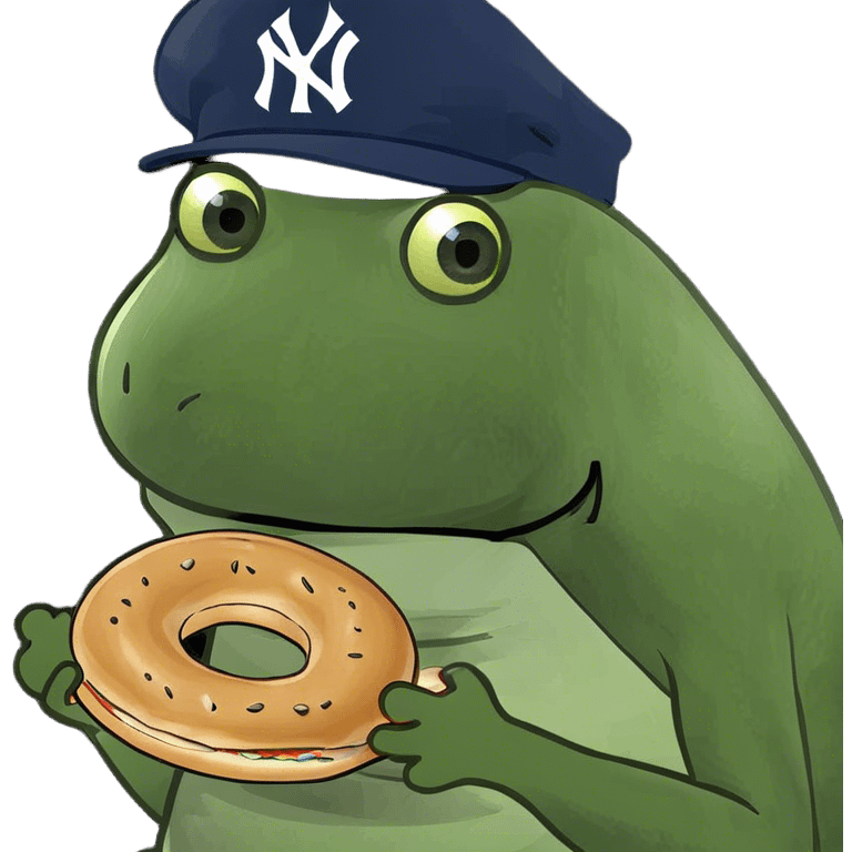 wearing a yankees hat, holding a bagel emoji