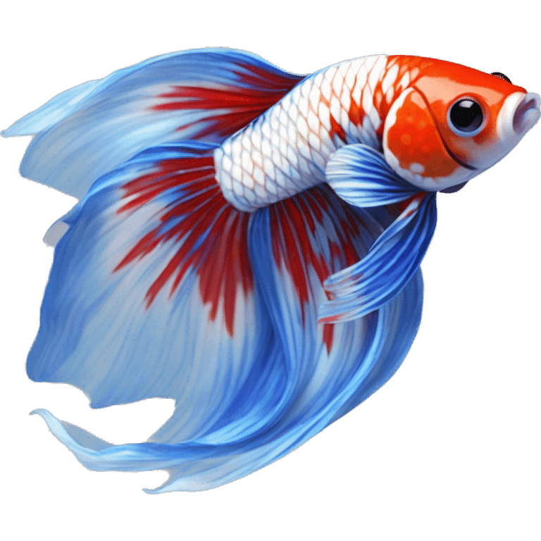 A Koi Betta with a marbled pattern of red, white, and metallic blue. Its long, flowing fins mirror the vibrant body, with a shimmering blue iridescence emoji