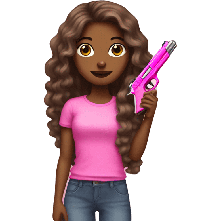 Long hair brown Girl hand pink nails holding pink gun emoji