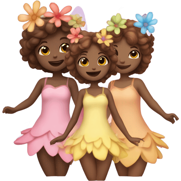 Four fairies with different grades of brown hair, in cute flower dresses like petals  emoji