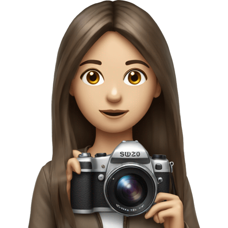 Realistic camera girl with camera and brown long hair and a fringe emoji