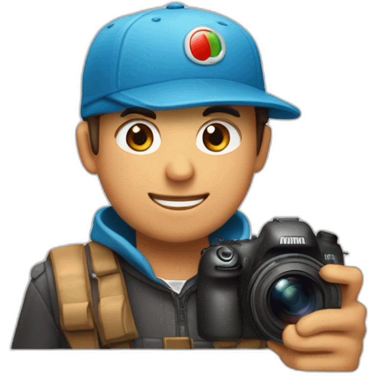 Un chico con una gorra para atras roja con una camara en la mano emoji