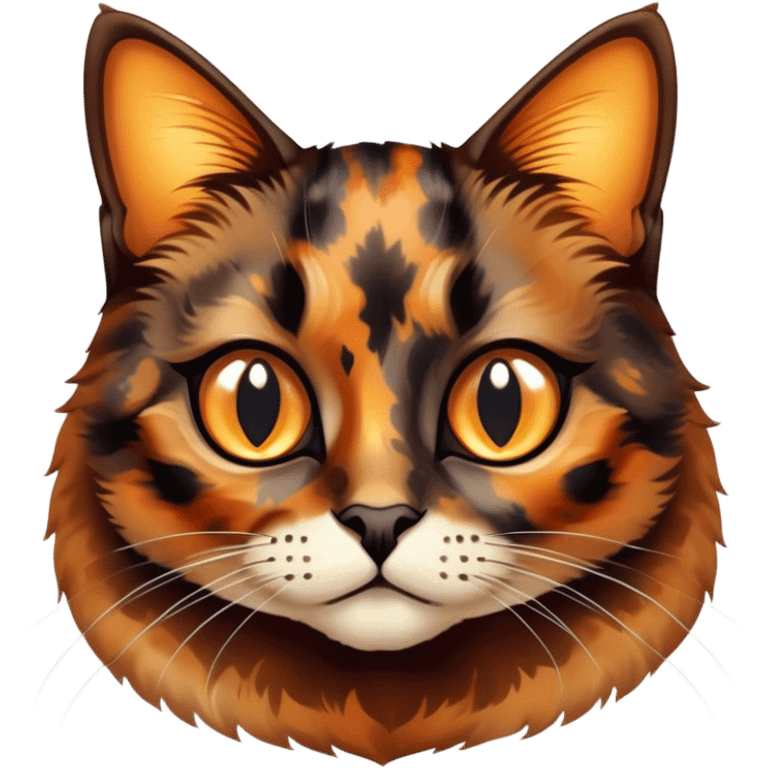 Cinematic Cute Tortoiseshell Cat Portrait Emoji, Head cocked sweetly with bright, curious eyes and a cuddly, mottled fur of rich browns and blacks, simplified yet charmingly adorable, highly detailed, glowing with a warm, gentle radiance, high shine, playful and endearing, styled with a dash of whimsical feline magic, soft glowing outline, capturing the essence of a cute tortoiseshell cat that seems ready to pounce with affectionate mischief! emoji