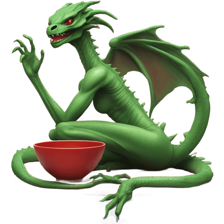 Photo realistic, alien female green,  on red china dragon emoji