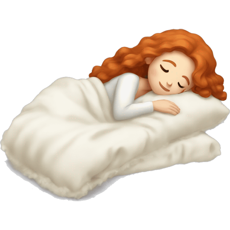 redhead girl sleeping with a pillow and fluffy ivory blanket emoji