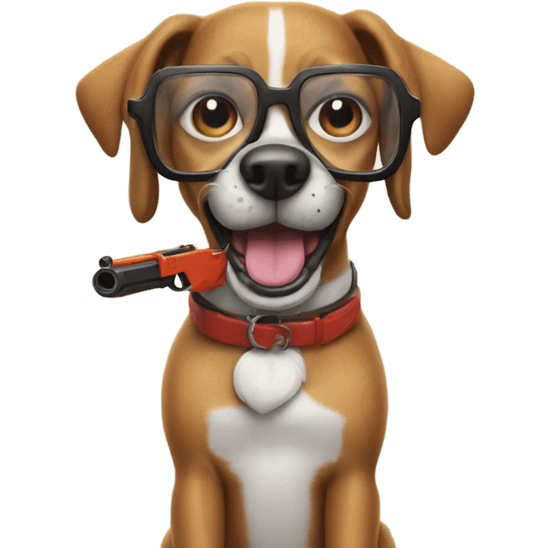 Dog wearing goofy glasses with a toy gun emoji