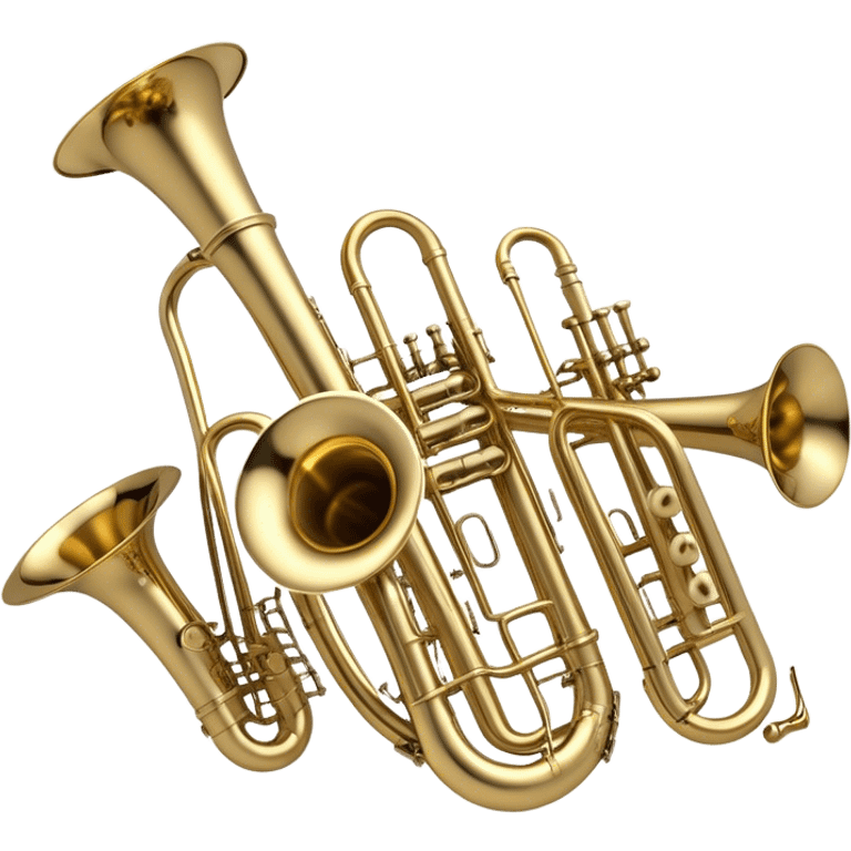 Create a simple and symbolic emoji collage representing wind instruments. Include a variety of iconic elements like the bell of a trumpet, the mouthpiece of a saxophone, and a subtle outline of a trombone. Arrange the elements in a dynamic and balanced way. Use warm metallic tones like gold, brass, and silver for the instruments, with a clean and minimalist design. The background should be transparent, focusing on the shapes and silhouettes of the instruments to convey their essence without excessive detail. emoji