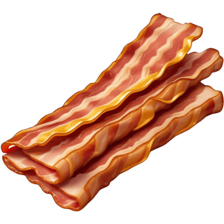 Cinematic crispy sizzling bacon, slightly curled, golden-brown with a perfect crunch, glistening with rich flavor, deep warm tones, served on a breakfast plate, comforting and indulgent. emoji