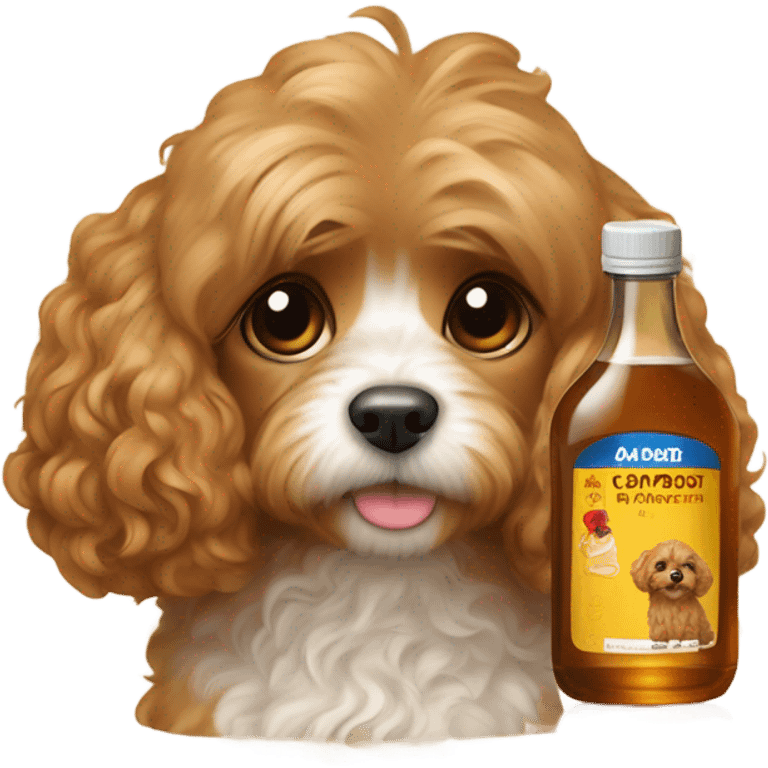 A cavapoo with light brown fur laying with a bottle of maple syrup next to her emoji