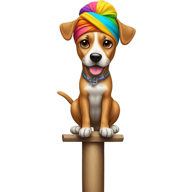 A dog dancing on a pole wearing flippers and a turban emoji